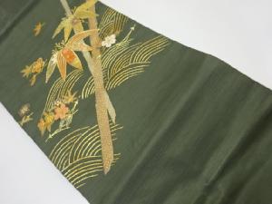 リサイクル　金彩波・竹・四季の花模様刺繍名古屋帯